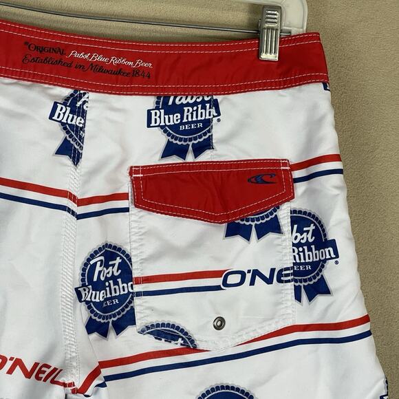 O'neill x Pabst Blue Ribbon Swim Trunk Mens 29‎ White Drawstring Waist Pockets - Picture 11 of 15